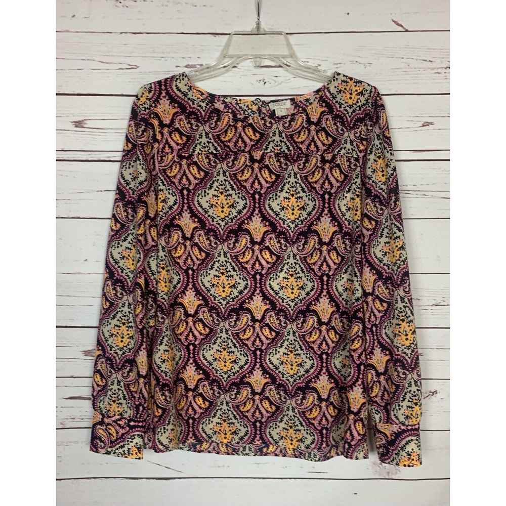 J.Crew Women's M Medium Navy Ivory Pink Paisley Long Sleeve Top Blouse Shirt